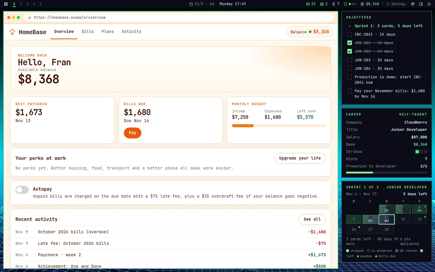 HomeBase, the in-game banking app, with paycheck, bills and budget.