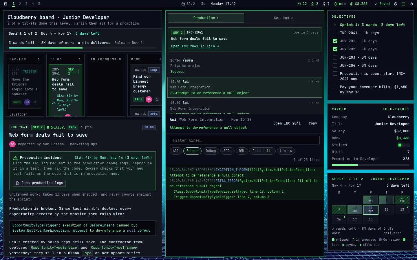 A production incident in Tira next to the Debug Logs app showing a NullPointerException.