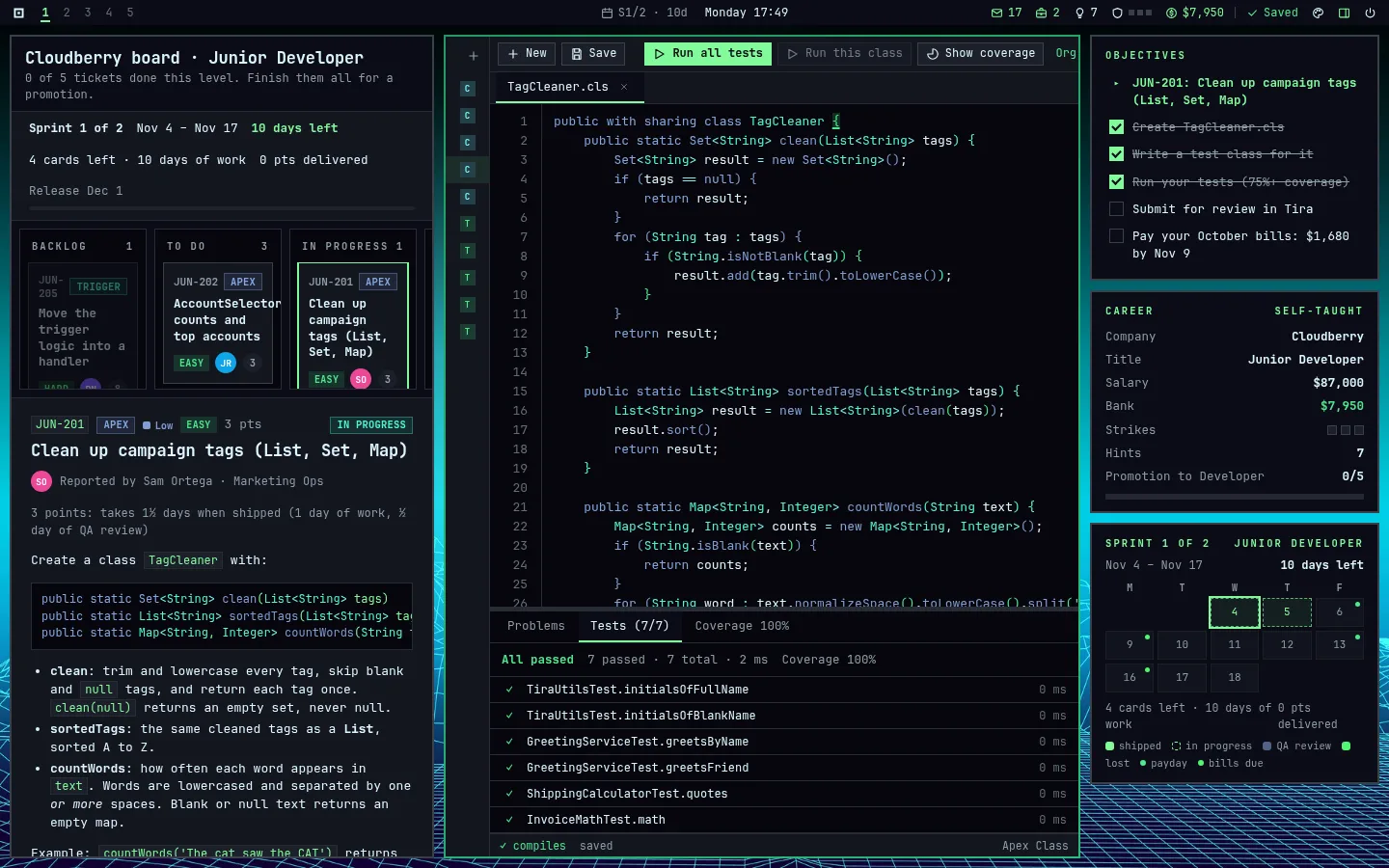 Apex Studio with a class, a test run and coverage.